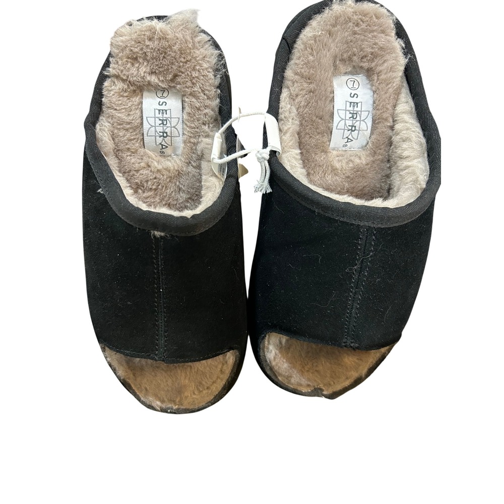 Serra Ladies Genuine Leather Slides Black Faux Fur Lined Open Toe Slippers 7